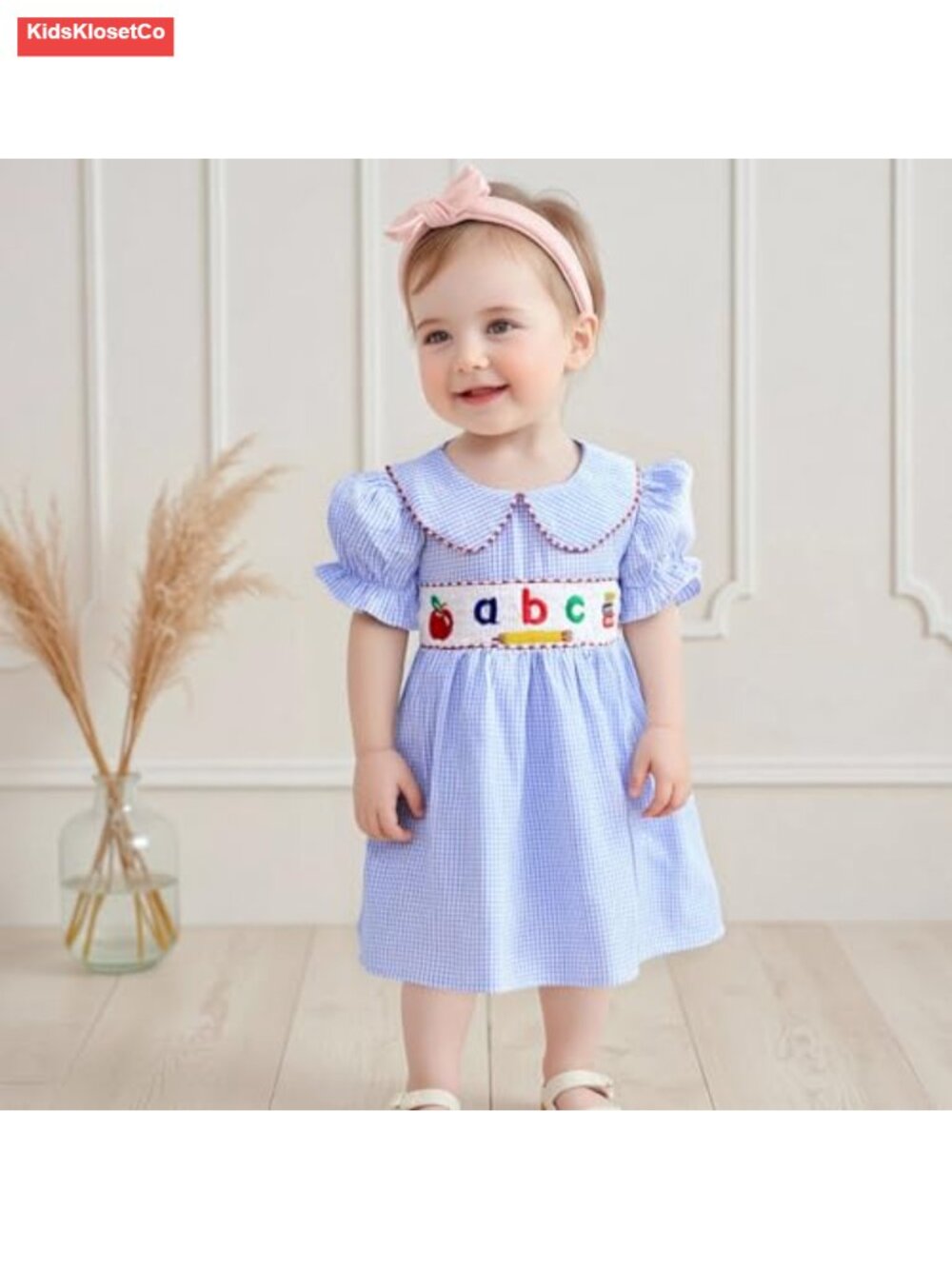 Toddler Girl Back to School Dress Plaid Embroidery Puff Sleeve Smocked - Picture 2 of 6